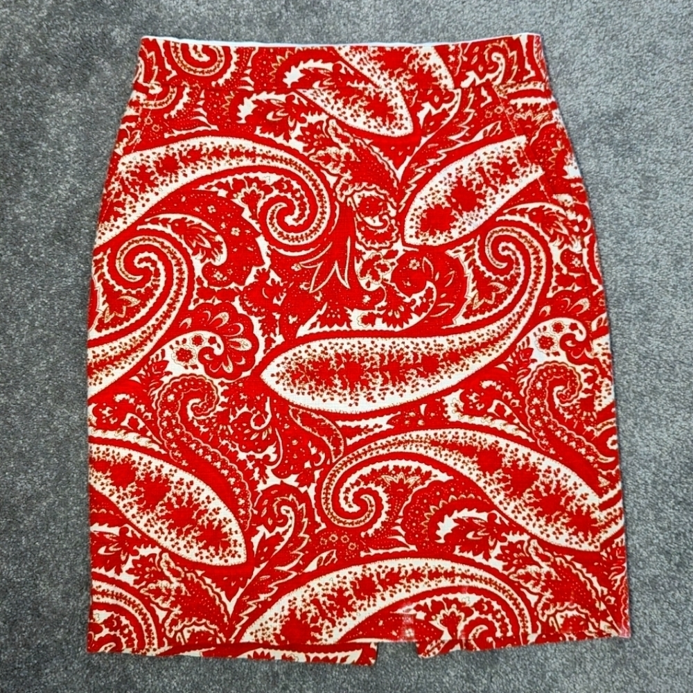 J. CREW Orange Gold White Cream Multi Floral Paisley Print Pencil Skirt Sz 2